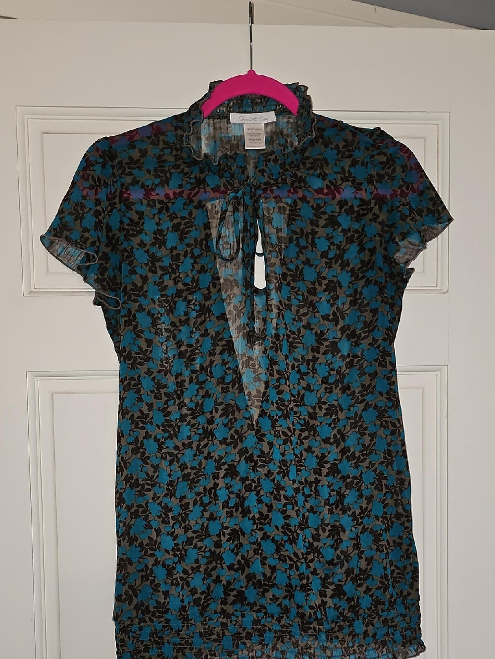 Teal and Brown Floral Tie-Neck Blouse